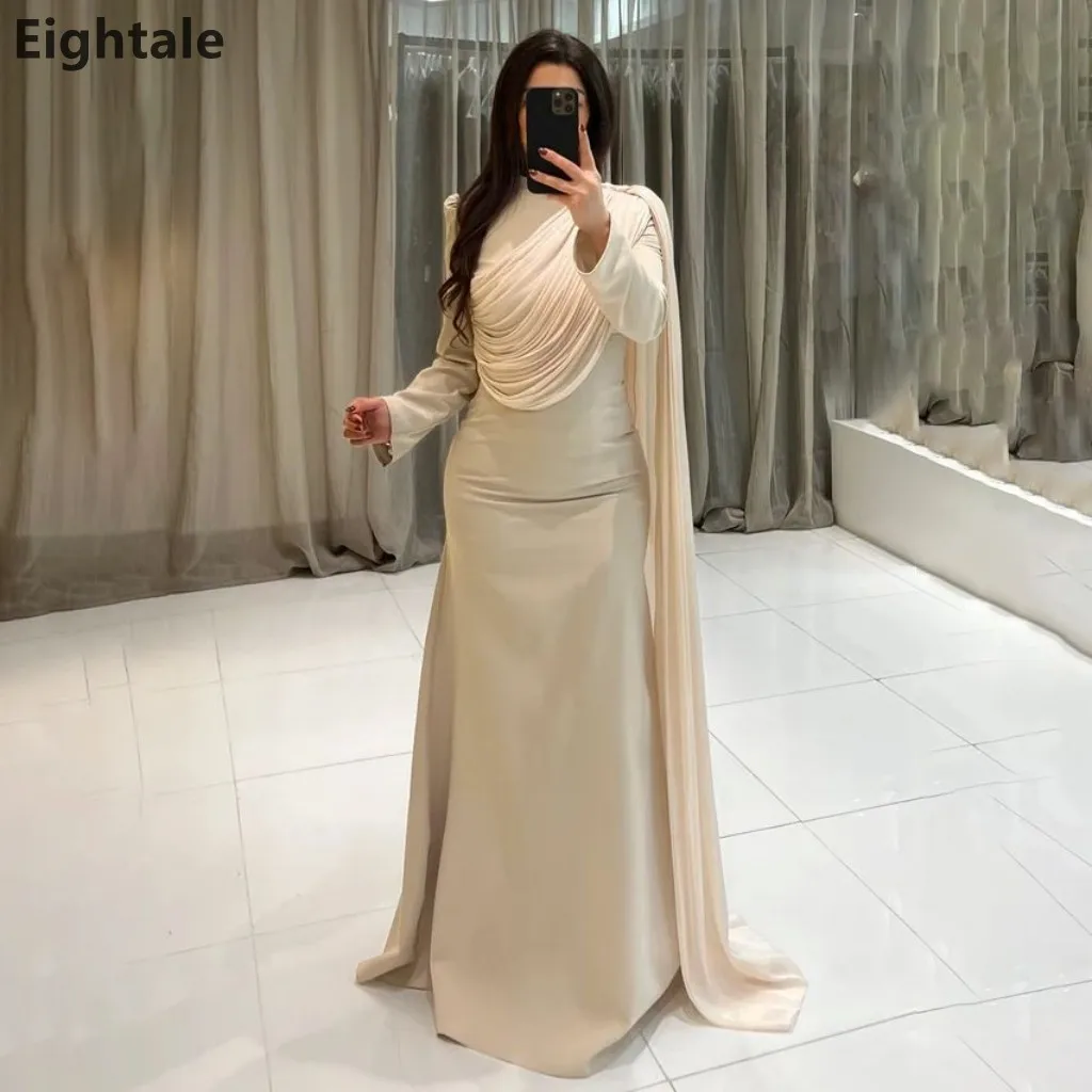 

Eightale Champagne Mermaid O Neck Long Sleeve Evening Dress With Cape Women Party Prom Dresses Dubai 2025 Customized