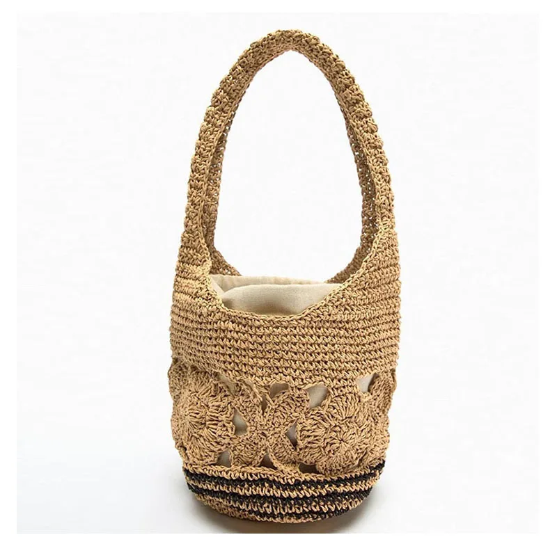 

New Women's Handbag Hollow Flower Single-Shoulder Bucket Straw Artistic Handmade Crochet Woven Holiday Beach Daily Use Bag