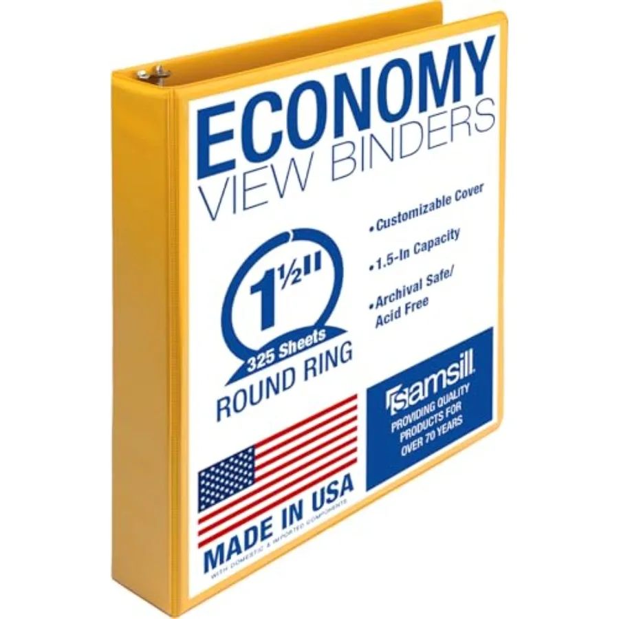

Economy 3 Ring Binder Organizer, 1.5 Inch Round Ring Binder, Customizable Clear View Cover, Yellow Binder
