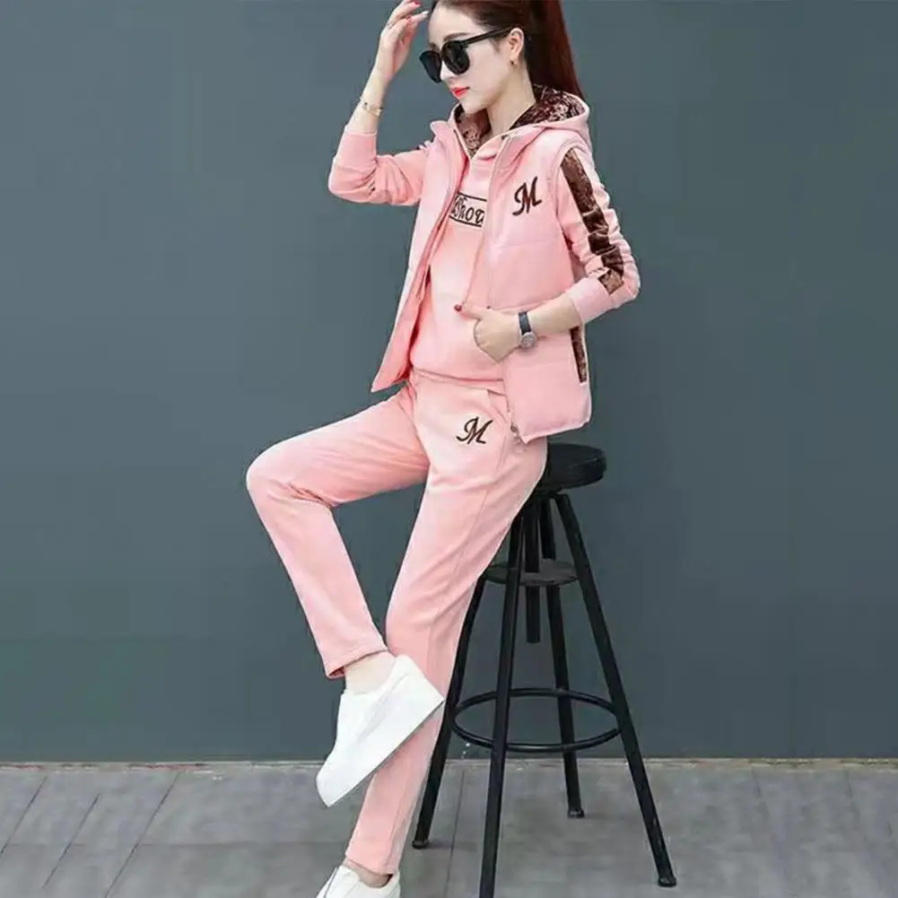 2023 Autumn Winter New Women\'s Casual Sweat Suit Fashion Plush Thickened Hooded Tops Waistcoat Pants 3 Three Piece Set For Women