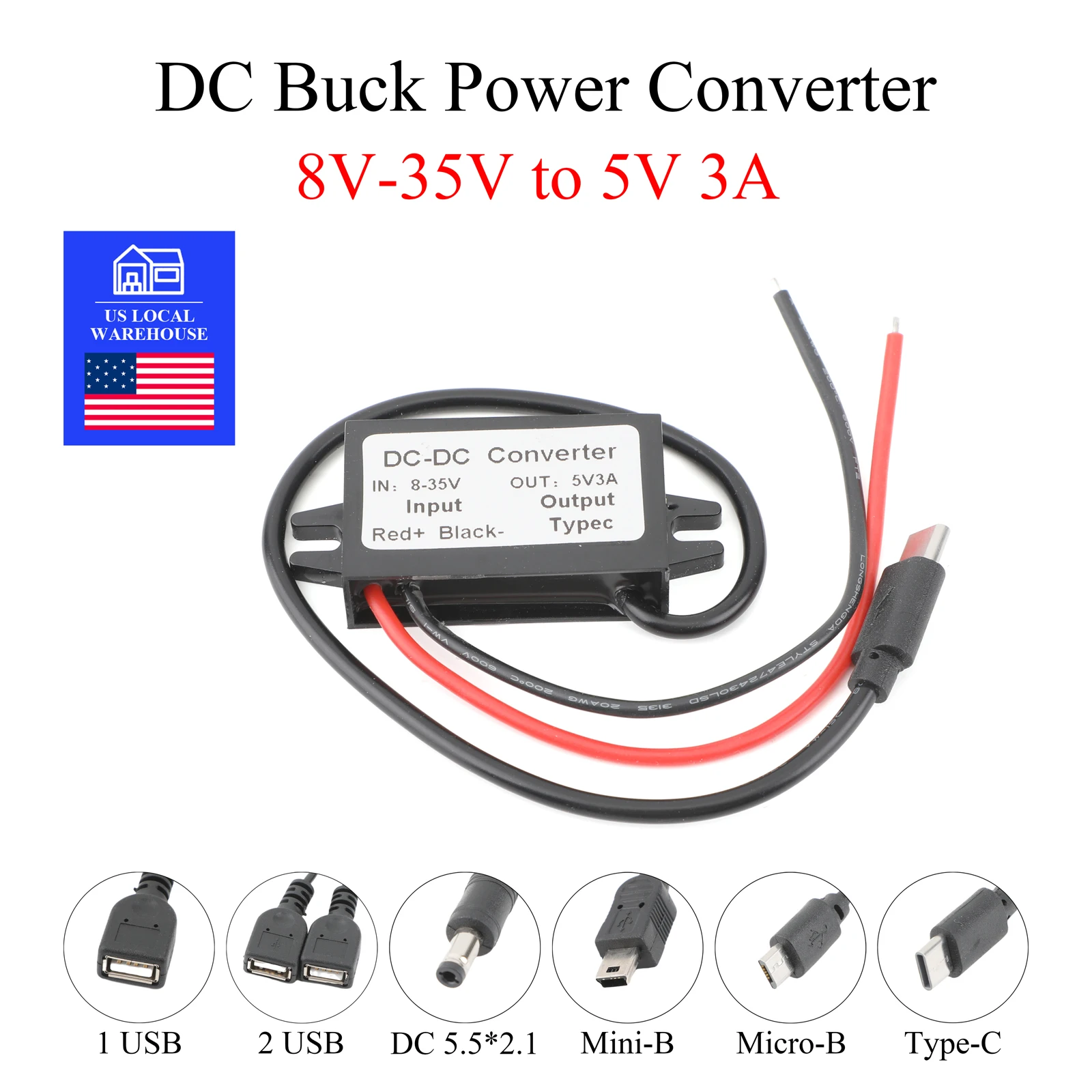 US 8V-35V to 5V DC Power Converter 3A 15W Buck Regulator Step-Down Voltage Supply Moudle Waterproof Output with Power Adapter