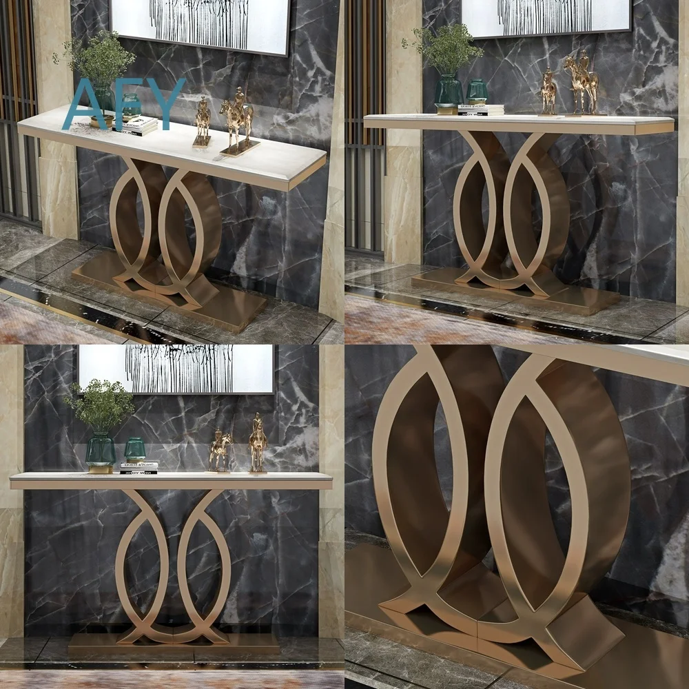 Modern Minimalist Entryway Console Table for Living Room Hallway Use Marble Look Wall Mounted Stone Slab Bench with Stainless