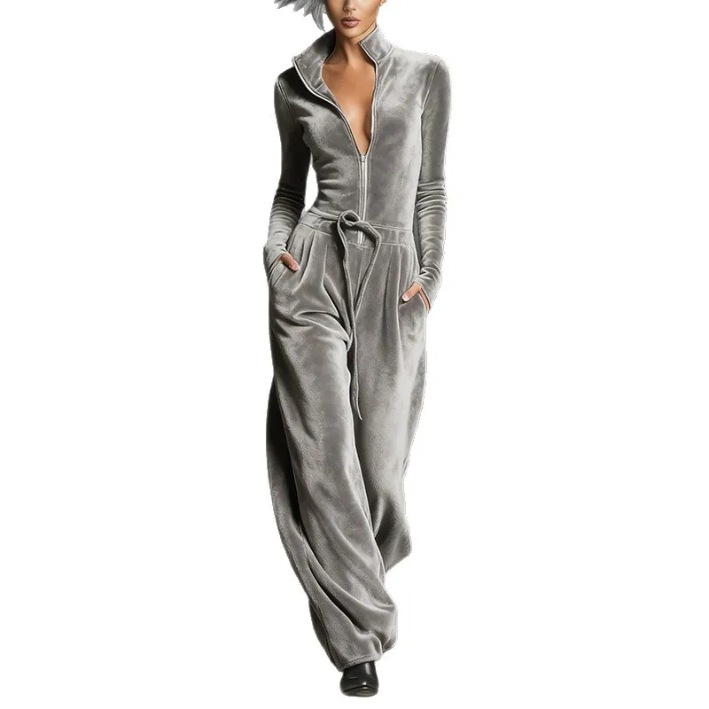 2026 Spring Retro Solid Velvet Women's Jumpsuit Elegant Half Zip Stand Collar Drawstring Waist Overalls Casual Streetwear Romper