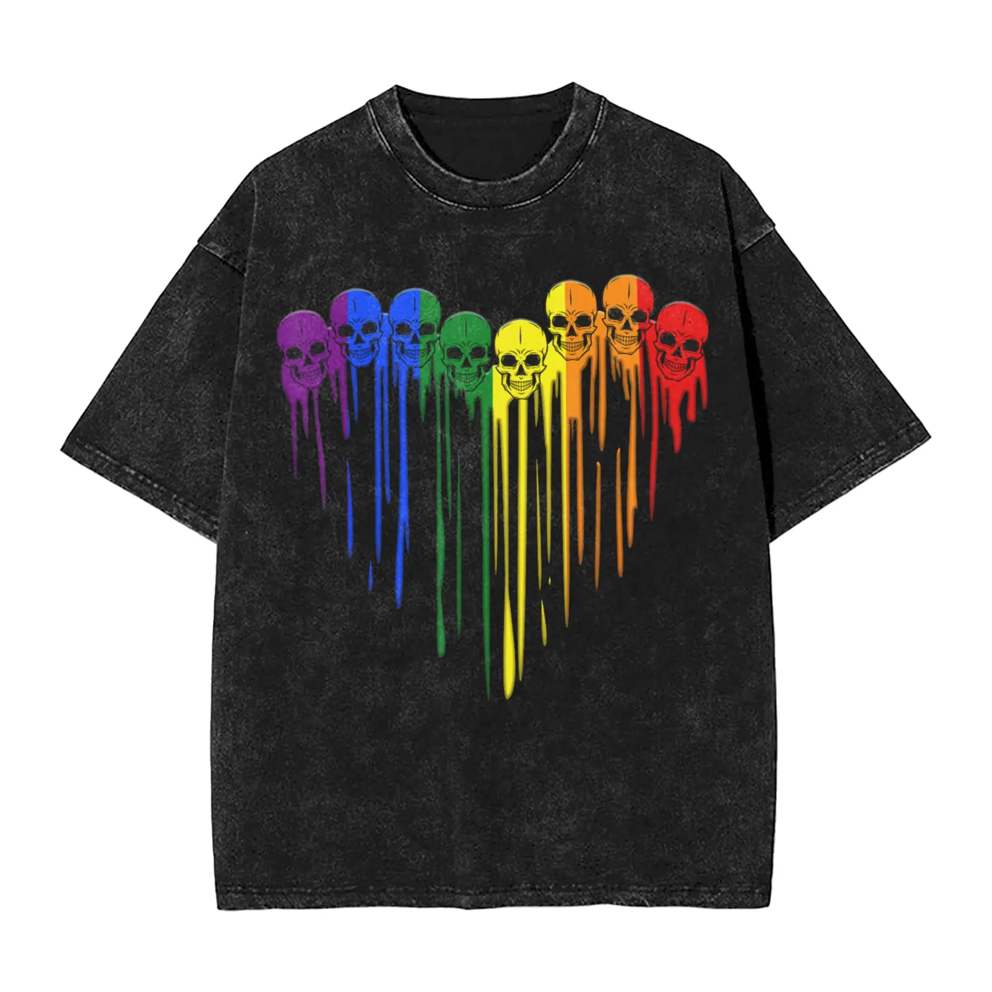 LGBT Gay Pride Skull Rainbow Heart Washed T Shirts Streetwear Hip Hop Casual T-Shirt  Tees for Men Women Oversize Summer