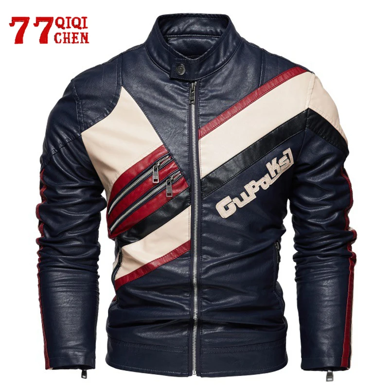 Autumn Winter Faux Leather Jacket Men Color Block Diagonal Zipper Slim Fit Stand Collar PU Jackets Fashion Waterproof Coat Male