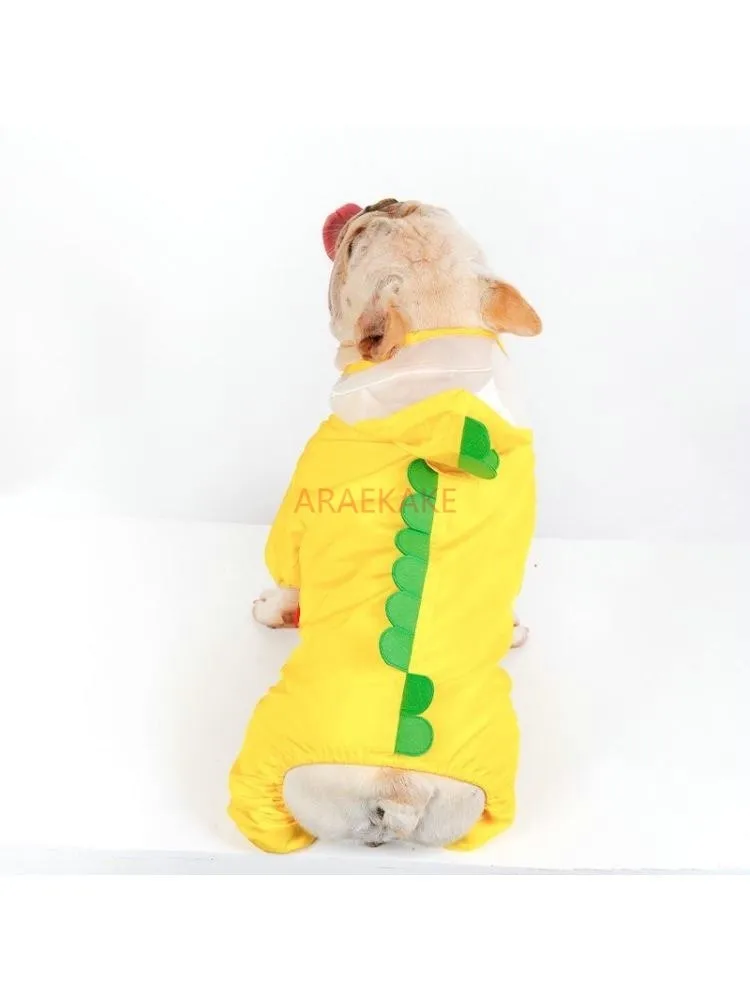 Pet dog outdoor waterproof cartoon dinosaur shaped raincoat with four legs, rain coat, windproof coat, French bucket, Shiba Inu,