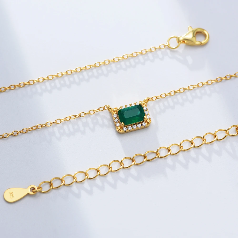 S925 Sterling Silver Lab created Emerald Chain Necklace Retro Square Gemstone zirconia necklace 14k Gold Plated  for Female Gift