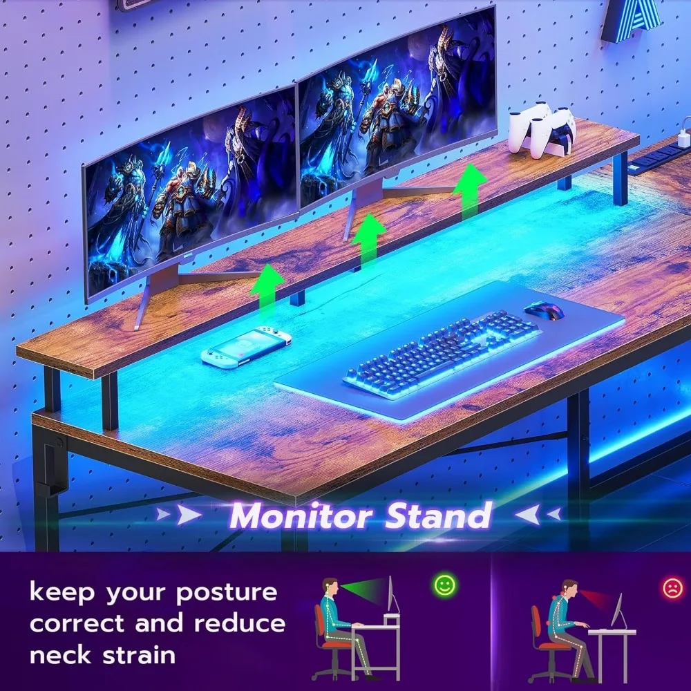 L Shaped Gaming Desk with LED Lights and Power Outlets, Reversible Computer Desk