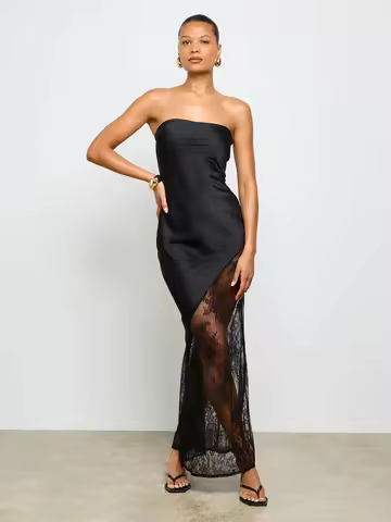 Strapless Satin Maxi Dress with Lace Side Slit for Evening Formal Occasion