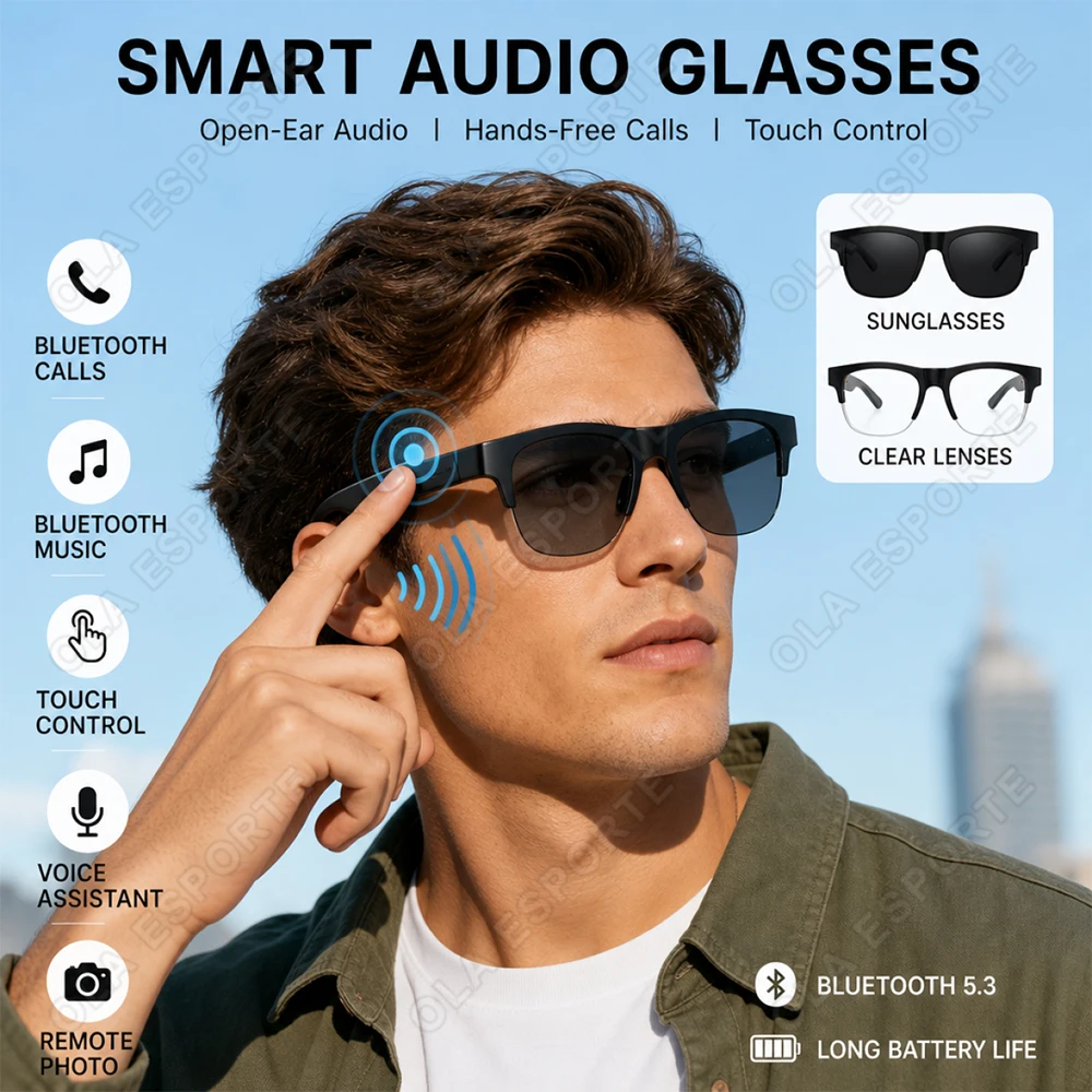 Neue KI-Sprach-Smartbrille mit Bluetooth-Anruf- und Musiksteuerung, Sonnenbrille für Damen und Herren, flache Gläser, Touch-Steuerung für Android- und iOS-Systeme, Q01