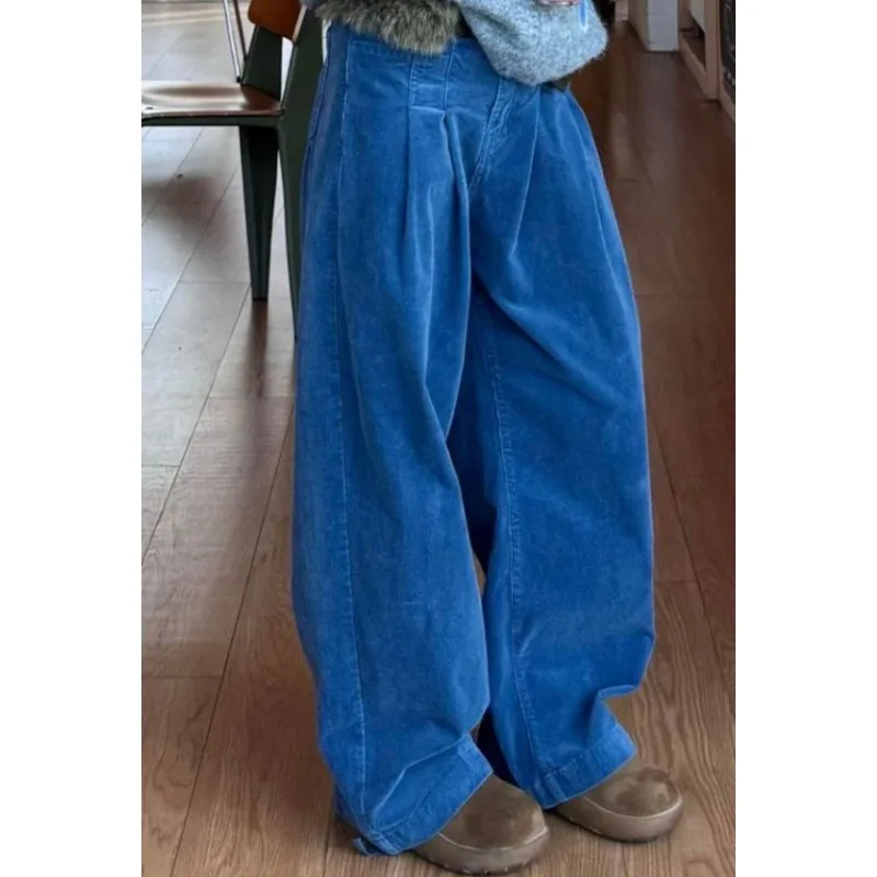 Immagine 4: Pantaloni blu eleganti da strada americani con doppia tasca Pantaloni larghi dritti a gamba larga da donna