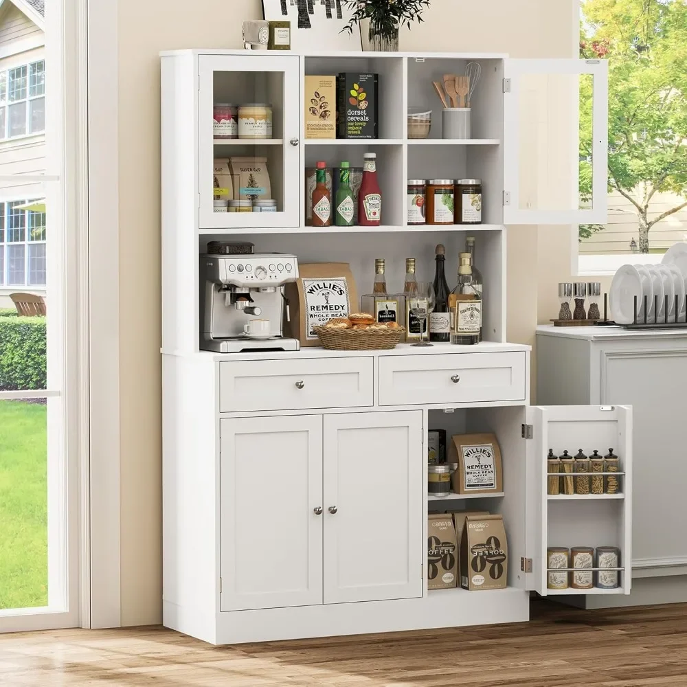 Cabinet, 68 Inch Tall Kitchen Storage Cabinet, White Freestanding Wooden Pantry Sideboard with Adjustable Shelves Microwave