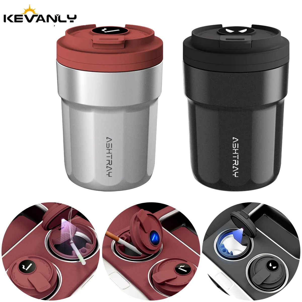 1/2x Car Ashtray Creative Coffee Cup Style Car Ashtray with Lid 7 Color LED Light Metal Lining & ABS Shell Garbage Storage Cup