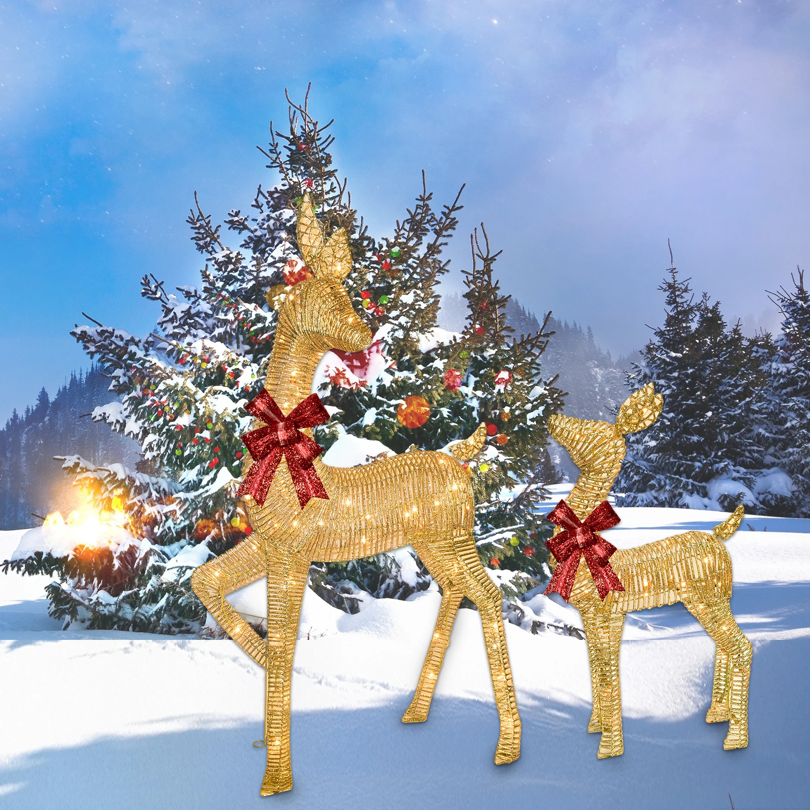 عائلة موس المضاءة لتزيين عيد الميلاد - مجموعة مضيئة مع 135 مصباحًا، غزالًا مضاءًا متينًا في الهواء الطلق لساحة العطلات