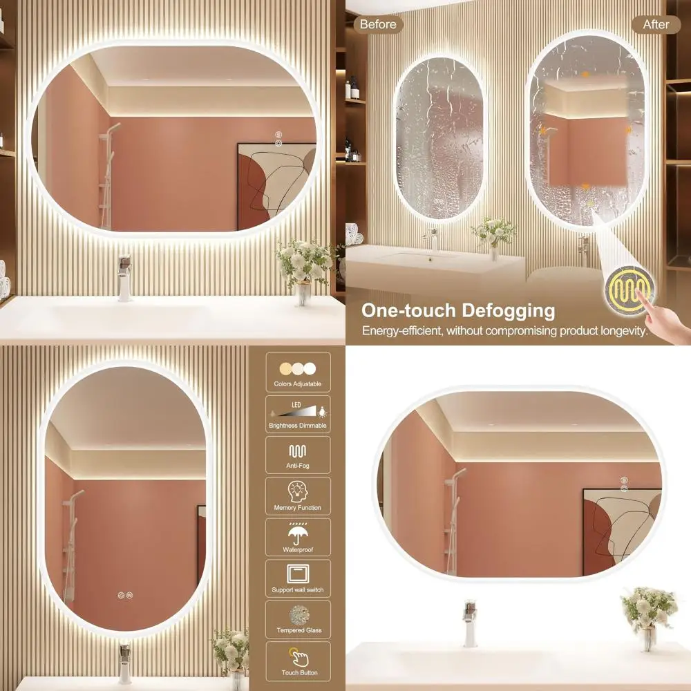 

Овальное настенное LED-зеркало для ванной с подсветкой, 3 цветовые температуры, регулируемая яркость, водонепроницаемое, из закаленного стекла