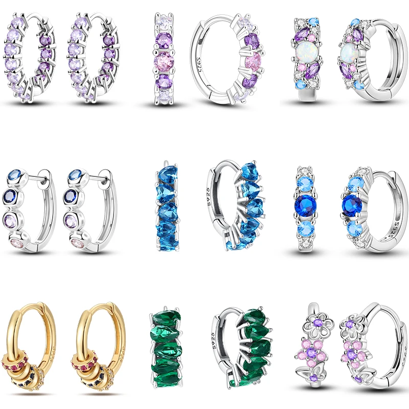 Orecchini da donna in argento sterling 925 stile cerchio semplici orecchini con zirconi colorati e lucidi adatti per partecipare a un matrimonio di gioielli squisiti