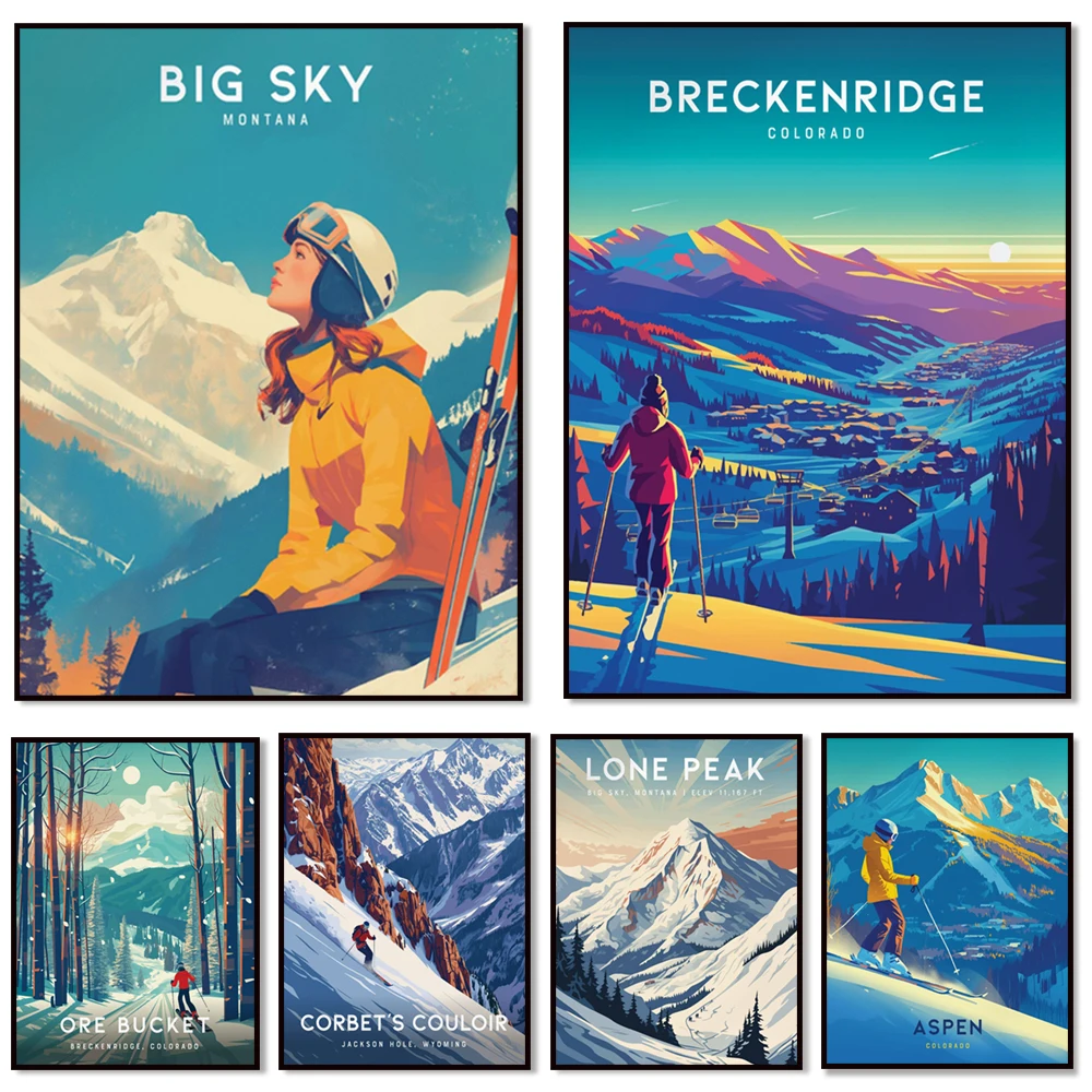 Skiing in Corbett Gulch, Montana, Colorado, Aspen mountain landscape, skiing and snowboarding poster at Lone Peak ski resort