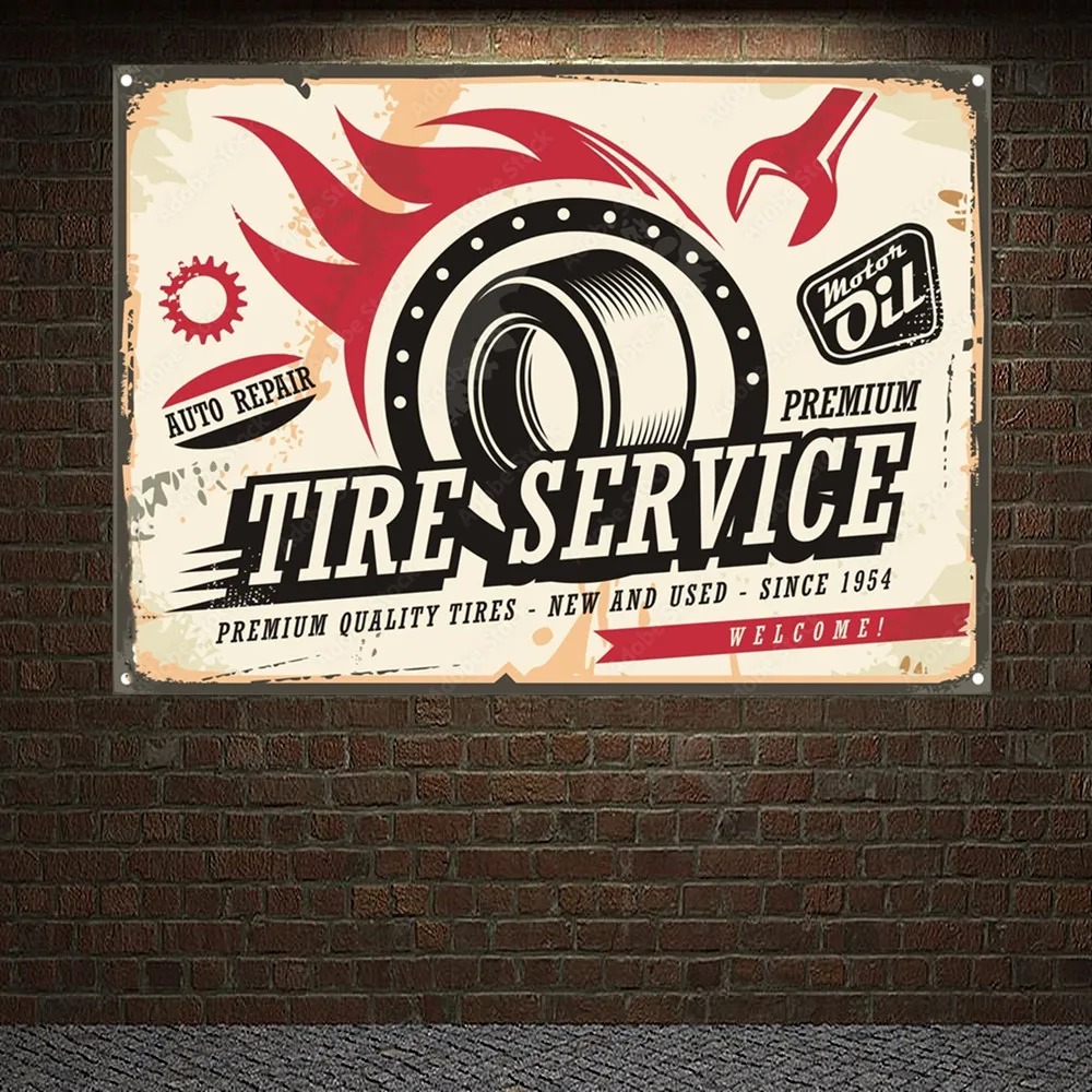 

Vintage Car TIRE SERVICE & REPAIR Poster Wall Art Painting Tapestry Flag GARAGE Auto Repair Shop Gas Station Wall Decor Banner