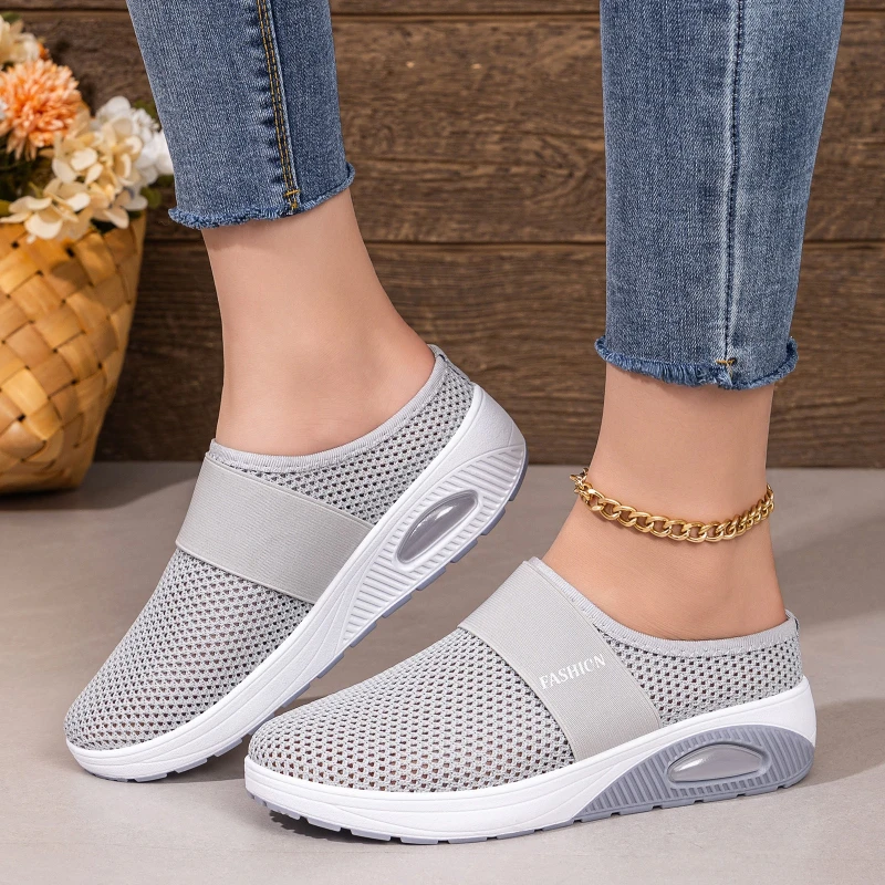 Women Hollow Mesh Mules Slip On Air Cushion Wedge Platform Walking Shoes Breathable Backless Casual Mom Sneakers Plus Size - view 4