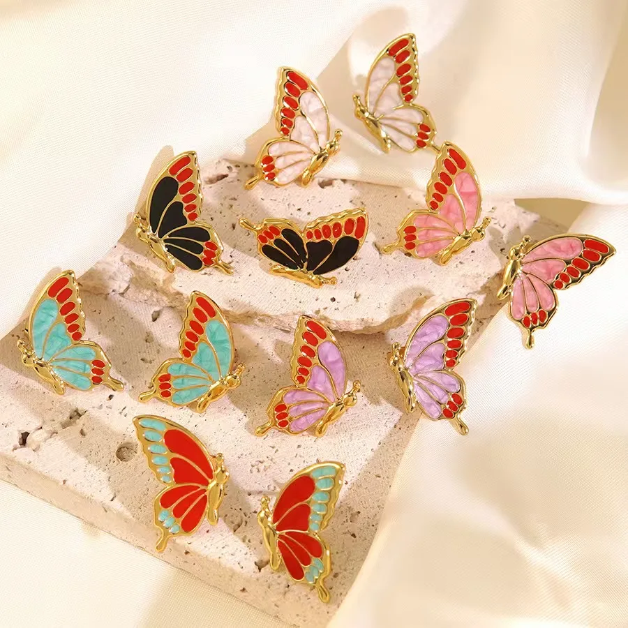 Drop shipping Fashion 316L Stainless Steel Colorful Oil Drop Butterfly Earring Anti-rust Colorfast Titanium Ear Stud for Ladies