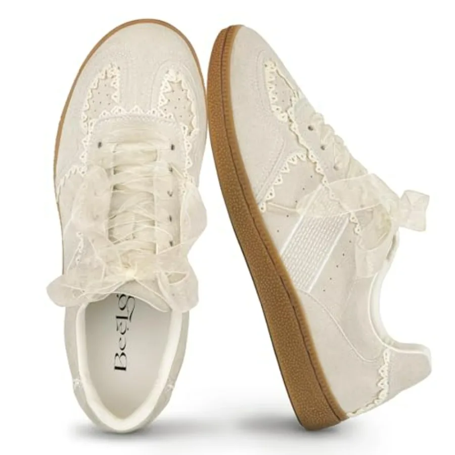 

Casual Sneakers for Women Lace Detail Elegant Ribbon Lace-Up Fashion Sneakers with Leather Upper Memory Foam Insole and Slip On