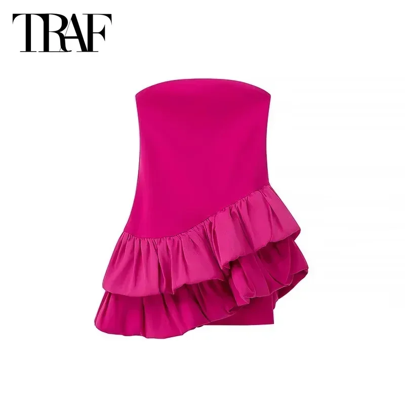 TRAF Asymmetrical Pleated Dress Mini Corset Dress Rosered Short Dresses 2024 Women's Summer Sexy Elegant Party Ladies Fashion