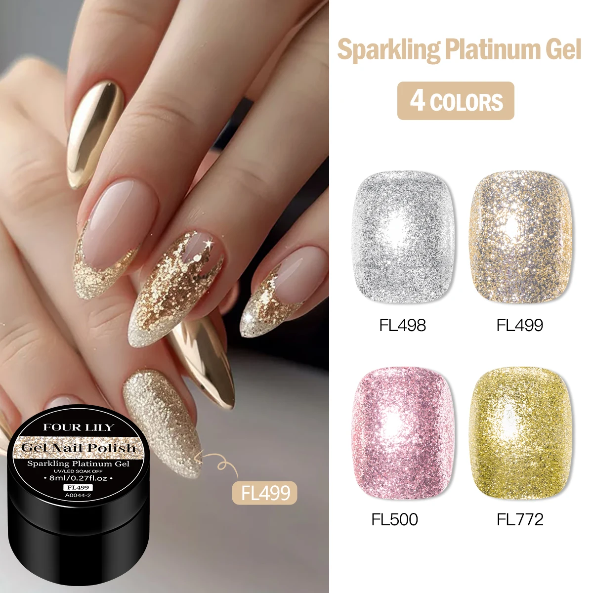 FOUR LILY 8ml Gold Sparkling Gel Nail Polish Glitter Super Bright Nail Art UV/LED Varnishes Gel for Nails Manicure Design