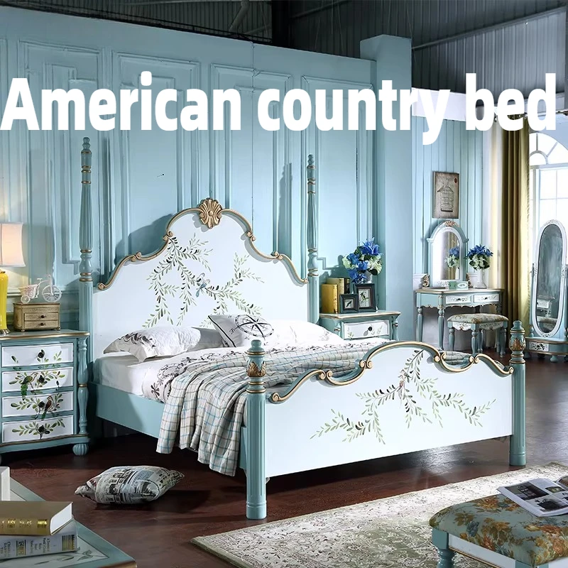 

180x200cm Double Bed American Country Home Wooden Princess King Size 2 People Bed Blue Queen Modern Luxury Bedroom Furniture
