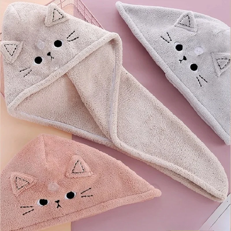 Bonito macio toalhas de microfibra touca de banho toalha chapéus de banho touca de cabelo seco secagem rápida chapéu de gato para mulheres senhora turbante cabeça menina toalha