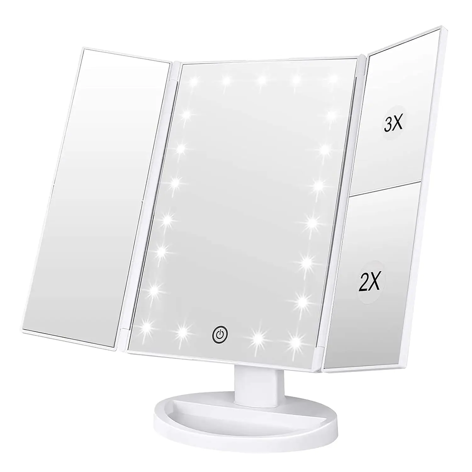 

Makeup Mirror With 21 Led Lights,Two Power Supply Modes, Adjustable Touch Screen And 1X/2X/3X Magnification Tri-Fold Vanity