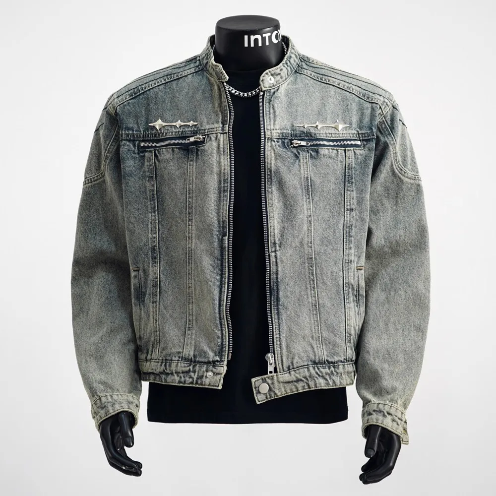 High Street Fashion Men Jacket Zipper Designer Retro Blue Stand Collar Bomber Jacket Men Biker Denim Coats Y2K Hip Hop Chaquetas