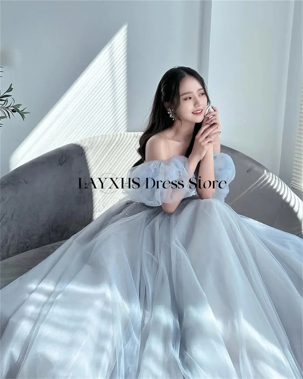 Robe de soirée coréenne en perles bleu poussiéreux, ligne A, manches bouffantes en Tulle, séance Photo de mariage, robe d'occasion formelle personnalisée