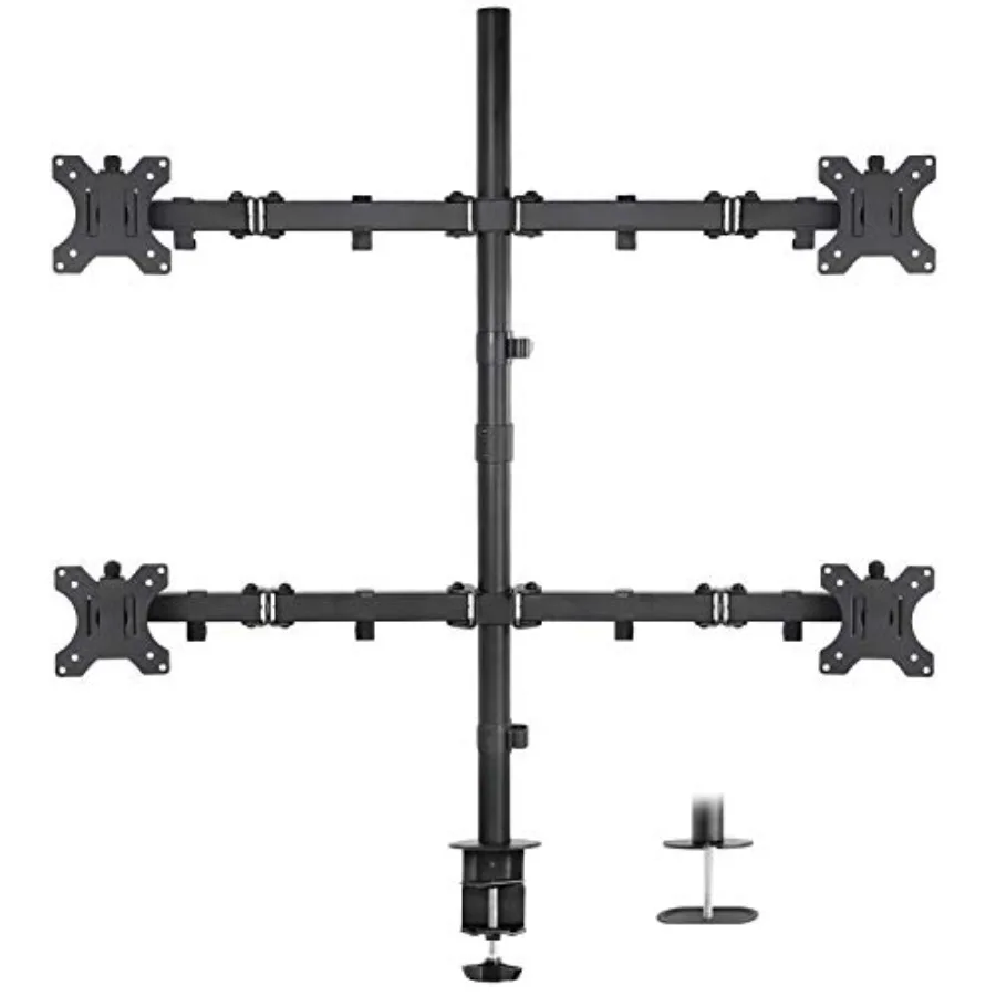 Quad monitor desk stand for office use aluminum alloy black height adjustable pole with tilt/swivel/rotate and clamp/grommet ba