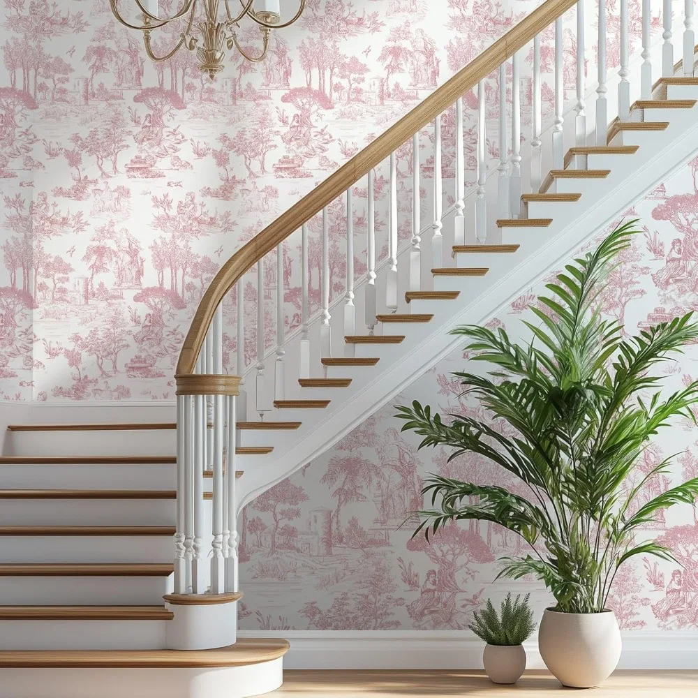 ورق جدران قابل للتقشير واللصق من تويلي فرنسي عتيق، وردي وأبيض، 17.7 × 590، ورق اتصال كلاسيكي للجدران