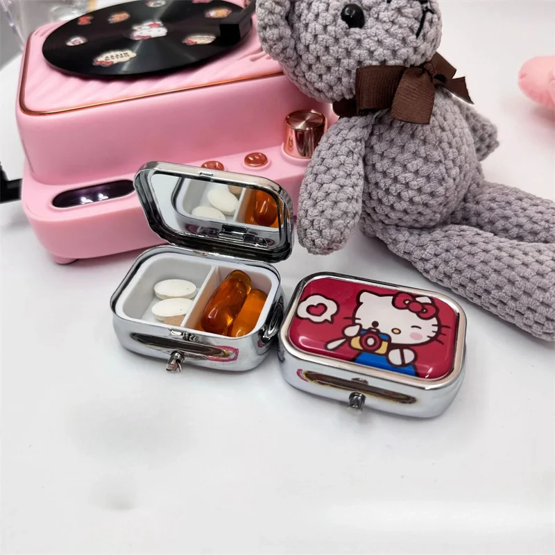 Hello Kittys Portable Jewelry Box with Kawaii HD Mirror Mini Sealed Subpackage Boxs Cute Cartoon Girl Heart Travel Storage Box