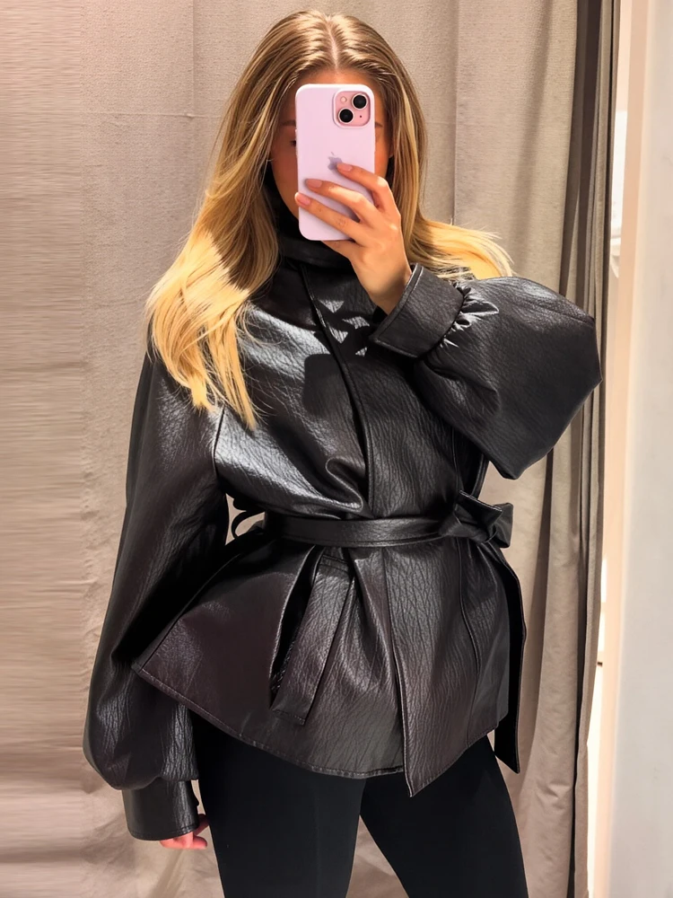 Damenjacke aus Kunstleder mit Gürtel, schwarz, langärmelig, lockere Passform, PU-Lederjacke für Damen, Herbstmode, Oberbekleidung, Streetwear.