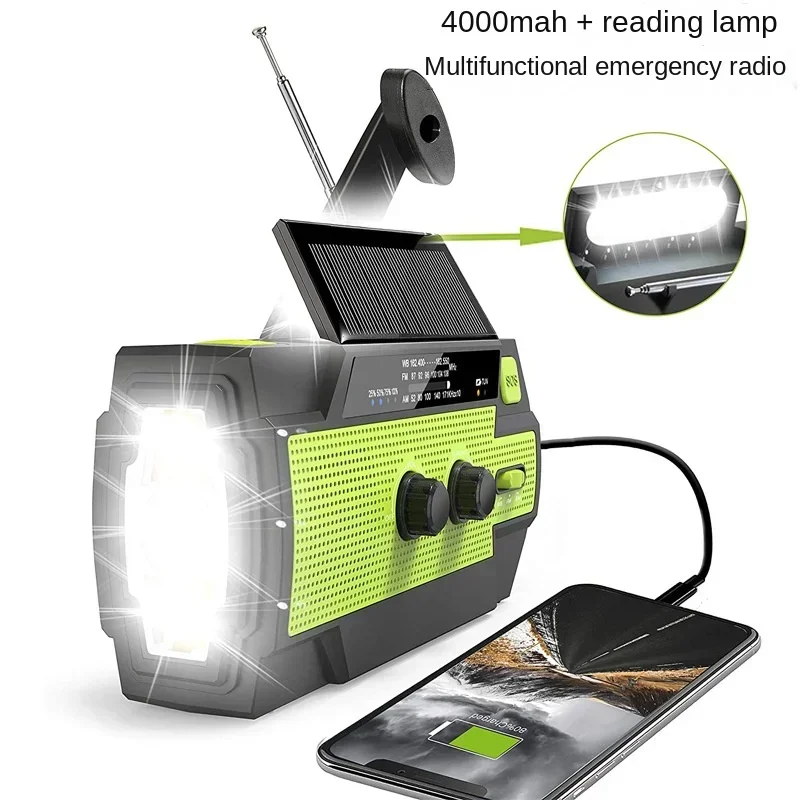 

Multi functional emergency radio with flashlight, hand cranked power generation radio, solar portable power generation