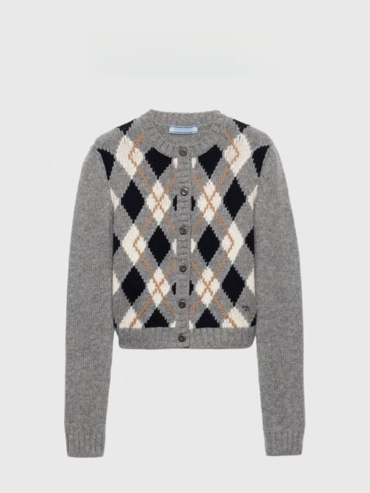 

Женский вязаный кардиган Lotton High-Defn round Ne, зимнее теплое пальто с вышитым логотипом и ромбовидным узором