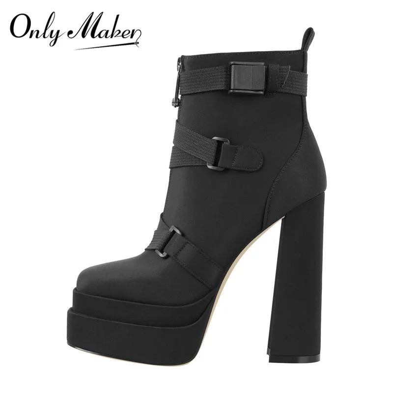 Onlymaker Platform Ankle Boots  Round Toe Zipper Strap  Chunky Thick Heels Lycra Plus Size  For Autumn Winter Bootes