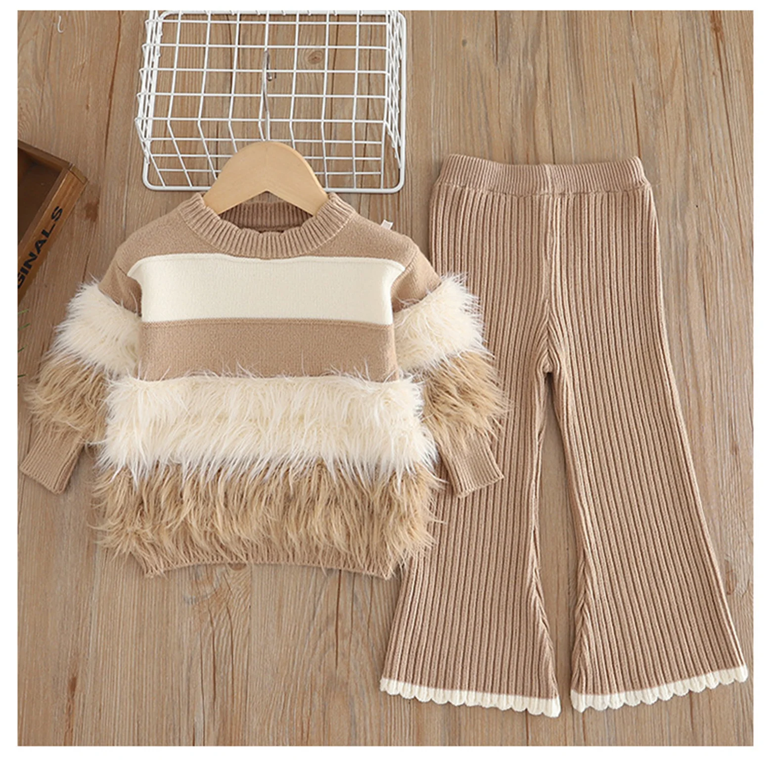 Girls Sweater Suit Autumn and Winter 2024 New Furry Little Girl Bell-Bottom Pants Knitted Two-Piece