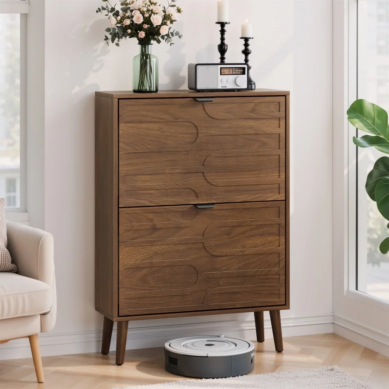 

#Walnut Shoe Storage Cabinet Fence Shoe Cabinet With 2 Flip Drawers For Corridors & Entrances