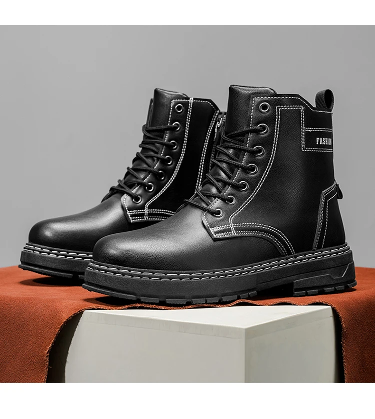 Herren Allround-Chunky-Plateaustiefel, Langlebige Leder-Streetwear-Arbeitsschuhe – Detail 6