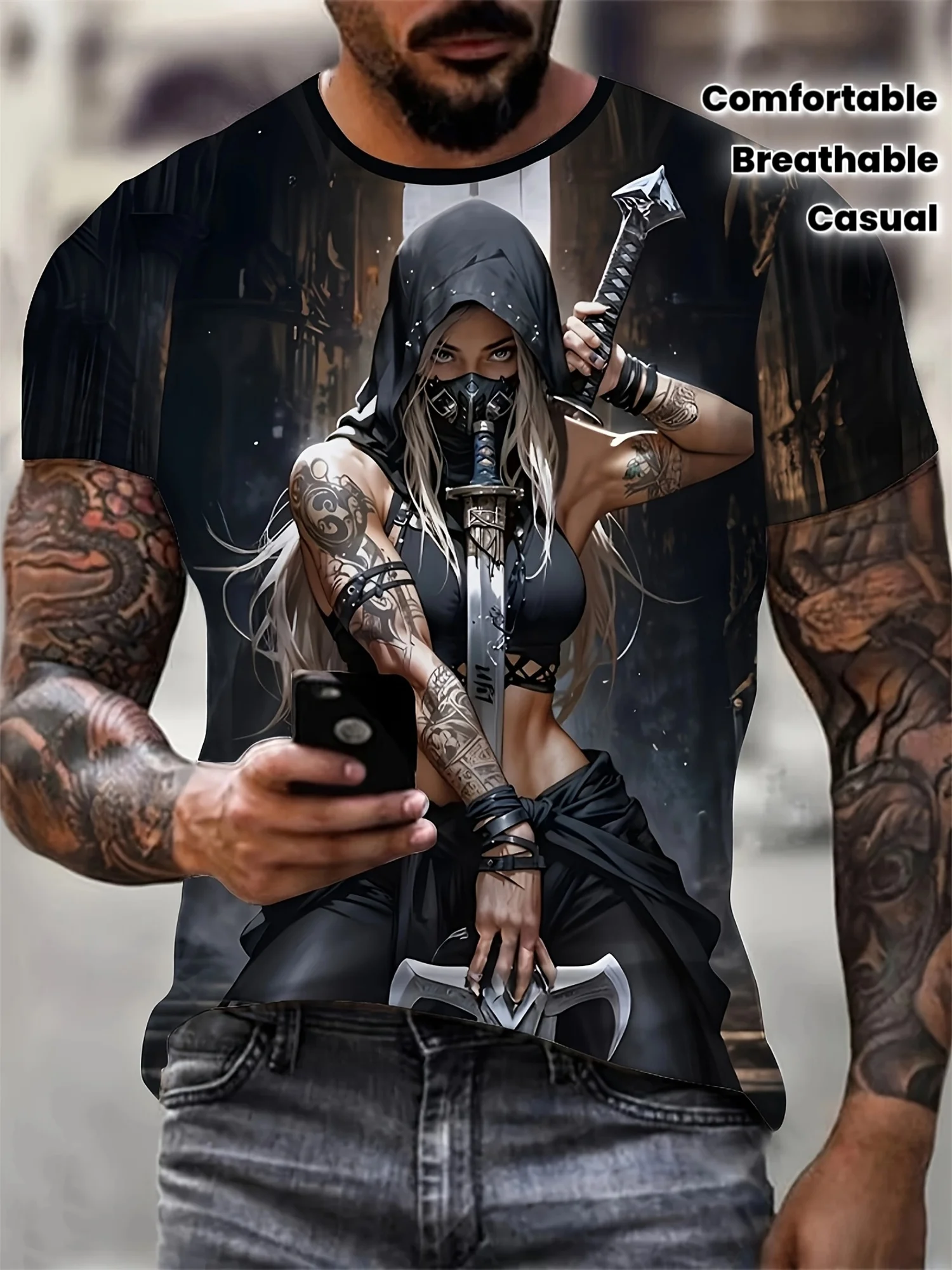 Men's Gothic Masked Assassin Girl T-Shirt, Tattooed Warrior Dual Swords Print, Breathable Quick Dry Tee Comic Con Gothic Events