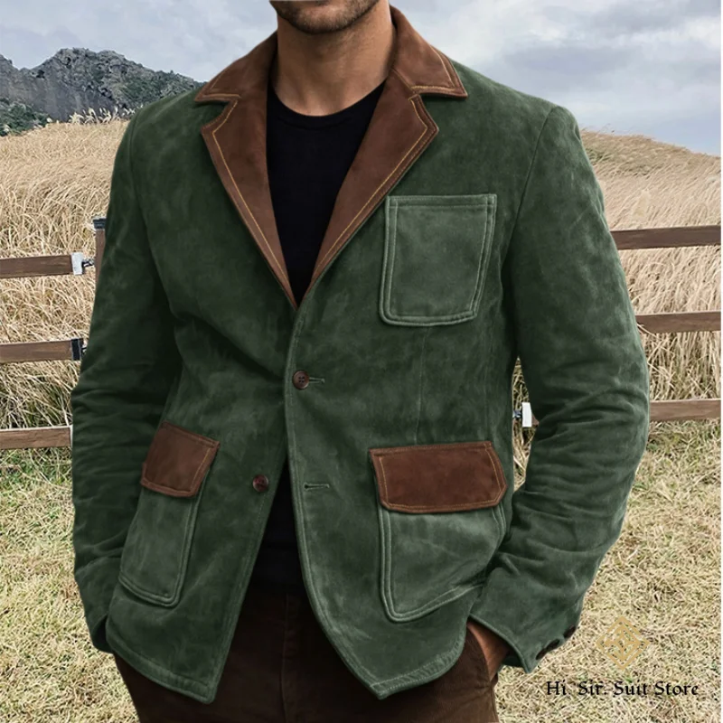 

Мужская винтажная замшевая куртка, кожаная куртка с несколькими карманами и цветными блоками, уличный пиджак, мужская элитная куртка в стиле ретро, рабочая одежда