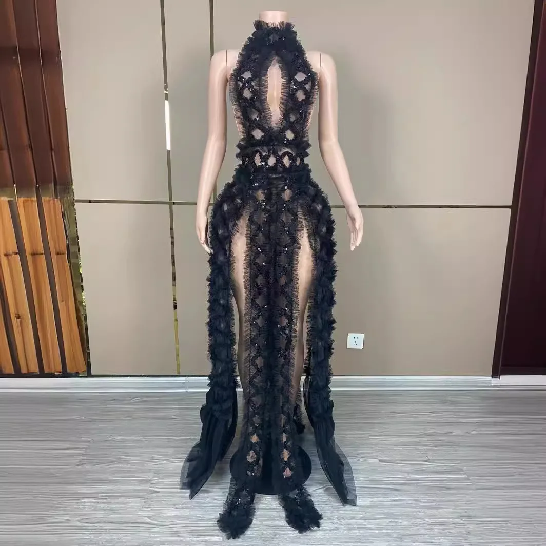 

STOCK Mesh Sexy Hollow Backless Dress Celebrity Birthday Party Singer Costume Nightclub Performance Outfit Luxury Evening Gowns