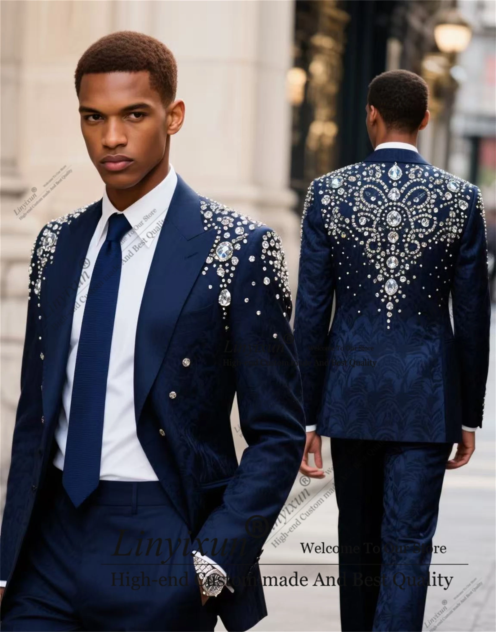 

Luxury Diamond Ornament Men Suit 2 Pieces Groom Male Blazers Customized Slim Wedding Tuxedos Formal Slim Fit pantalones hombre