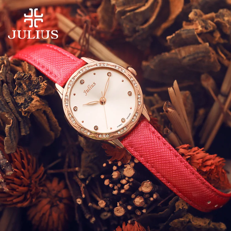 Hot Pink Julius Lady Women\'s Watch Japan Quartz Rhinestones Elegant Fashion Hours Real Leather Girl\'s Gift No Box