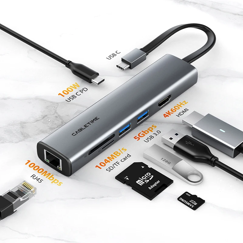 Cabletime-محور USB من النوع C ، 7 في 1 نحيف إلى 4K 60 هرتز ، HDMI ، RJ45 ، Mbps ، PD W للكمبيوتر الشخصي ، MacBook Pro ، iPad ، C محول قفص الاتهام