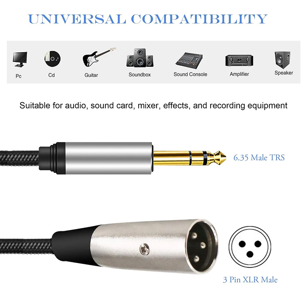 Nku XLR(3 핀)-1/4 인치 잭 TRS 케이블, 6.5mm 수-XLR 수 스테레오 균형 케이블, 기타 스피커 믹스용 상호 연결 코드