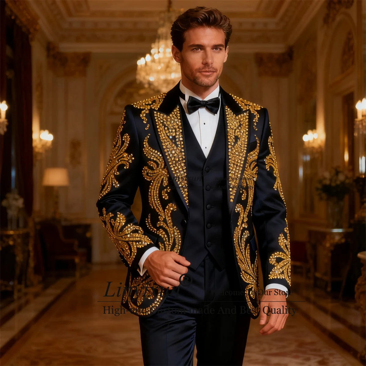 

Glitter Metal Embellished Men Suits 3 Pieces Sets Male Party Prom Blazers Peaked Lapel Customized Groom Tuxedos Ropa Hombre